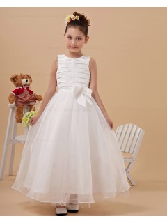 Ivory Scoop Sleeveless Ankle Length A line Organza Bow Zipper Hand Made Flower/ Flower Girl Dress