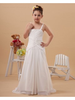 Zipper White Floor length Column/Sheath Spaghetti Straps Sleeveless Satin Embroidery Flower Girl Dress
