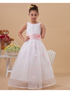 Hand Made Flower/ Ball Gown Zipper White/Pink Belt Scoop Floor length Sleeveless Taffeta/Organza Flower Girl Dress