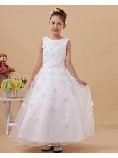 Zipper Satin/Tulle Scoop A line White Sleeveless Belt/Hand Made Flower Floor length Flower Girl Dress
