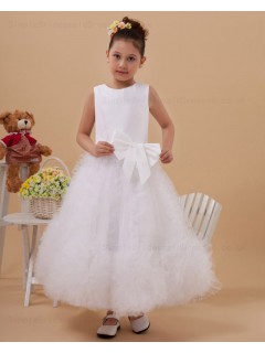 Zipper A line White Sleeveless Hand Made Flower Satin/Tulle Scoop Floor length Flower Girl Dress