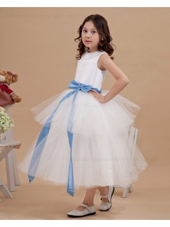 A line Zipper Beading White Bateau Sleeveless Ankle Length Satin/Organza Flower Girl Dress