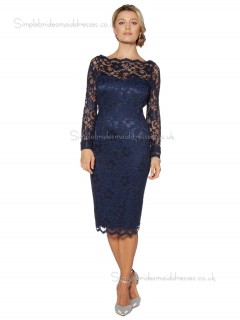 Dark Navy Column / Sheath Knee-length Lace Bateau Backless Natural Long-Sleeve Lace Mother of the Bride Dress