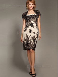 Black Natural Satin Bateau Knee-length Column / Sheath Cap Sleeve Zipper Applique Mother of the Bride Dress