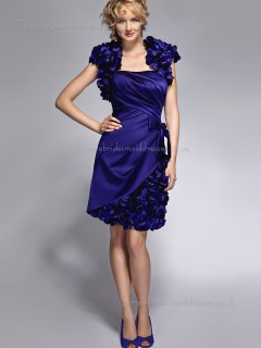 Royal Blue Empire Cap Sleeve Satin Bateau Knee-length Zipper A-line Flowers Mother of the Bride Dress