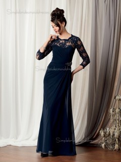 Dark Navy Floor-length Round Column / Sheath Backless Long-Sleeve Lace Natural Satin Mother of the Bride Dress