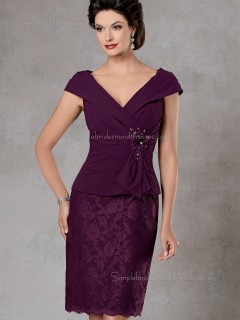 Burgundy V-neck Knee-length Column / Sheath Satin Cap Sleeve Applique Zipper Empire Mother of the Bride Dress