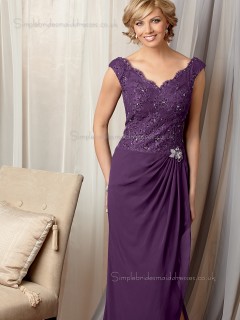 Lilac Column / Sheath V-neck Lace Zipper Cap Sleeve Natural Chiffon Floor-length Mother of the Bride Dress