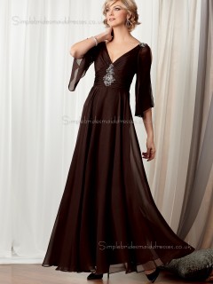 Brown V-neck Chiffon Beading Floor-length Half-Sleeve Backless A-line Empire Mother of the Bride Dress