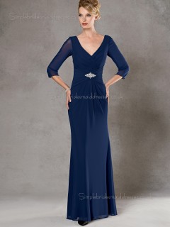 Ink Blue Backless Natural Beading Column / Sheath Chiffon Floor-length V-neck Half-Sleeve Mother of the Bride Dress