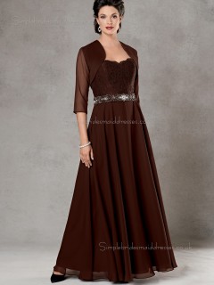 Burgundy A-line Sweetheart Beading Zipper Floor-length Half-Sleeve Natural Chiffon Mother of the Bride Dress