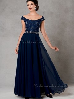 Ink Blue Chiffon Floor-length Beading Cap Sleeve Bateau Natural Zipper A-line Mother of the Bride Dress