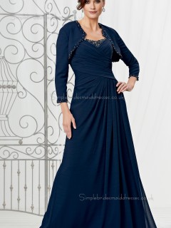 Ink Blue Sleeve Beading Chiffon A-line Zipper Natural Sweetheart Floor-length Long Mother of the Bride Dress