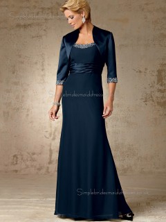 Ink Blue Chiffon A-line Beading Bateau Zipper Floor-length Half-Sleeve Empire Mother of the Bride Dress