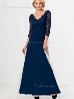 Dark Navy A-line Backless Floor-length Chiffon Lace V-neck Natural Half-Sleeve Mother of the Bride Dress