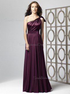 Natural Sleeveless A-line Sash-Ruched-Ruffles Chiffon One-Shoulder Floor-length Grape Bridesmaid Dress