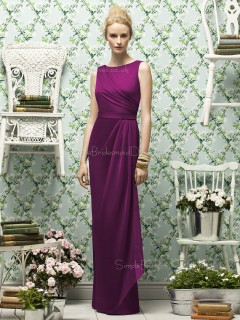 Natural Chiffon Floor-length Purple Zipper-Back Scoop Sleeveless Sash-Ruched-Ruffles Column-Sheath Bridesmaid Dress