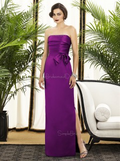 Floor-length Purple Sleeveless Natural Strapless Column-Sheath Ruched-Flowers Backless-Zipper-Back Satin Bridesmaid Dress