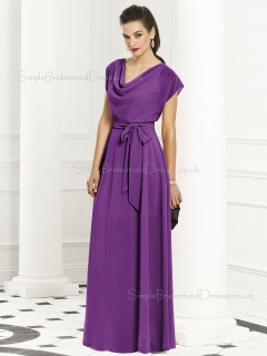 Zipper-Back Natural Purple Special Sash-Ruched A-line Short-Sleeve Chiffon Floor-length Bridesmaid Dress