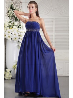 Roya-Blue Zipper Sheath Sleeveless Beading/Ruffles/Crystal/Ribbons Strapless Chiffon Empire Sweep Bridesmaid Dress