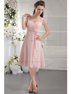 Chiffon/Elastic-Silk-like-Satin Sleeveless Natural Princess Zipper Straps Flowers/Ruffles Pink Short-length Bridesmaid Dress