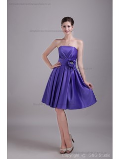 Satin Sleeveless Mini Grape Zipper Ruched/Flowers/Crystal/Draped Strapless A-line Natural Bridesmaid Dress