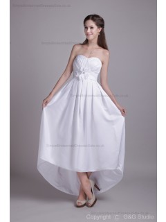 Asymmetrical White Flowers/Ruched Satin A-line Sleeveless Zipper Sweetheart Natural Bridesmaid Dress