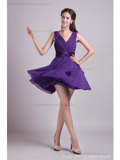 Natural Sleeveless Zipper Chiffon/Elastic-Woven-Satin A-line Mini V-neck Grape Flowers/Ruched/Draped Bridesmaid Dress