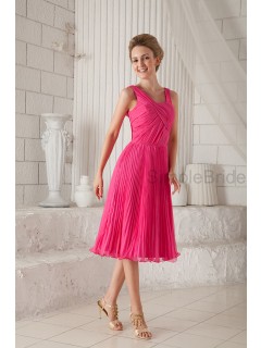 Pink Natural Sleeveless Ruched Silk-like Knee-Length Stain Square Zipper Chiffon/Elastic A-line Bridesmaid Dress