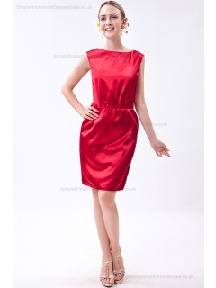Elastic-Silk-like-Satin Natural Knee-length Sheath Sleeveless Zipper Ruched Red Bateau Bridesmaid Dress