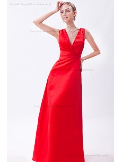 Empire Floor-length Natural V-neck Ruched Sleeveless Satin Red Zipper Bridesmaid Dress