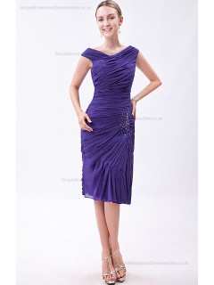 Roya-Blue Ruched/Sequins/Beadin Natural Chiffon Knee-length Sleeveless Sheath Zipper V-neck Bridesmaid Dress