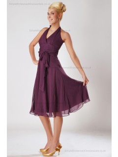 Zipper Chiffon Empire Sleeveless Knee-length A-line Fuchsia Ruched/Bow Halter Bridesmaid Dress
