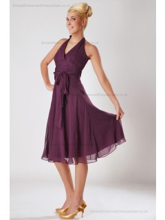 Zipper Chiffon Empire Sleeveless Knee-length A-line Fuchsia Ruched/Bow Halter Bridesmaid Dress