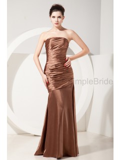 Zipper Ruched Strapless Natural Elastic-Silk-like-Satin Floor-length Sleeveless Sheath Brown Bridesmaid Dress
