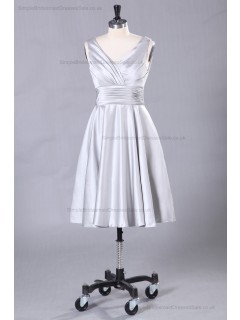 Mini Satin Zipper A-line Ruffles Sliver Natural V-neck Sleeveless Bridesmaid Dress