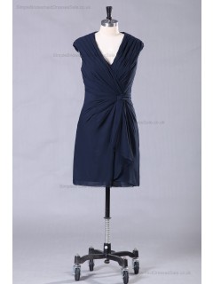 Navy Ruffles/Front-Cross V-neck Dark Sheath Chiffon/Elastic-Satin Natural Sleeveless Zipper Mini Bridesmaid Dress