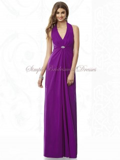 Draped/Beading Chiffon Floor-length A-line Halter/V-neck Purple Empire Zipper dahlia Sleeveless Bridesmaid Dress