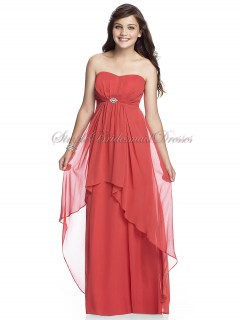 Empire Draped/Beading Floor-length firecracker A-line Watermelon Chiffon Zipper Strapless/Sweetheart Sleeveless Bridesmaid Dress