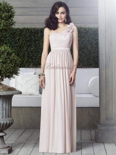 Sleeveless Natural Light-Slate-Gray Chiffon One-Shoulder Zipper Draped/Flowers cameo A-line Floor-length Bridesmaid Dress