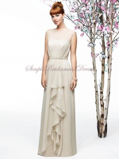 Champagne Chiffon Sleeveless Beading/Draped Bateau palomino Natural Zipper Floor-length A-line Bridesmaid Dress