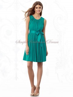 Sleeveless Scoop Chiffon Natural Bow/Draped A-line Short-length Hunter jade Zipper Bridesmaid Dress