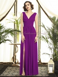 A-line Empire Sleeveless Draped/Split Purple dahlia Zipper Straps/V-neck Floor-length Chiffon Bridesmaid Dress