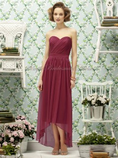 Chiffon Natural Sleeveless Zipper Strapless/Sweetheart Tea-length Draped Burgundy claret A-line Bridesmaid Dress