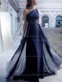 Dark Navy Empire Column / Sheath Floor-length Chiffon One Shoulder Bridesmaid Dress