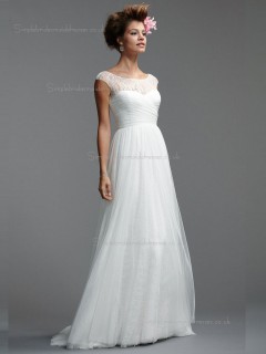 White A-line Sweep Tulle Bateau Natural Bridesmaid Dress