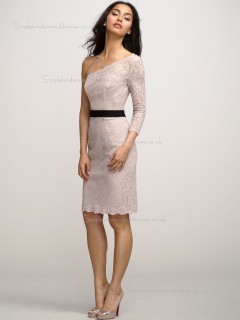 Blush Natural Knee-length Column / Sheath Lace One Shoulder Bridesmaid Dress