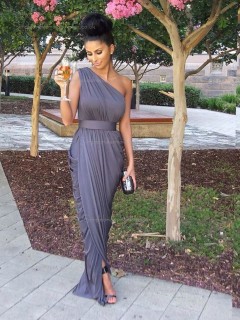 Lavender One Shoulder Floor-length Chiffon Empire Column / Sheath Bridesmaid Dress