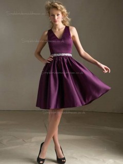 Grape A-line Knee-length V-neck Satin Natural Bridesmaid Dress