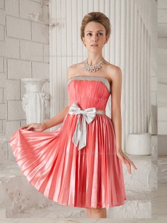 Watermelon A-line Satin Natural Strapless Knee-length Bridesmaid Dress